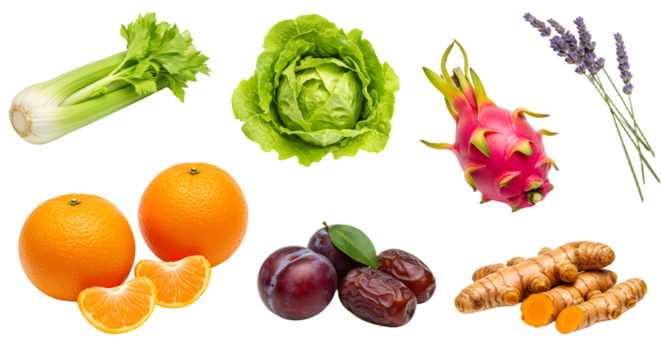 Fresh celery, green lettuce, dragon fruit, lavender, oranges with peeled segments, plums, dates, and turmeric roots isolated on white background, healthy food ingredients