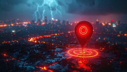 Red Glowing Location Pin over Night Cityscape with Storm