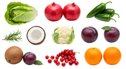 Fresh assorted fruits and vegetables including pomegranate, chili peppers, coconut, cauliflower, plums, oranges, cherry tomatoes, lettuce, and herbs on white background