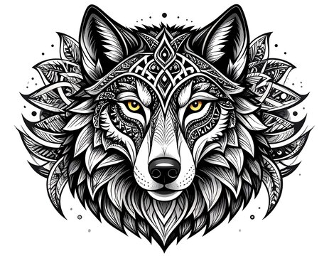 Detailed black and white wolf head design, intricate patterns