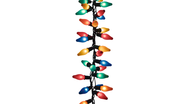 Vertical strand of colorful glowing christmas lights with a festive and celebratory feel isolated on transparent background
