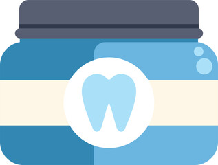 Blue jar is containing a teeth whitening product, featuring a white tooth logo on the front