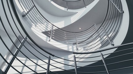 Fototapeta premium Wide angle view from below of spiral staircase with railing shadows