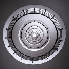 Fototapeta premium Centered view of spiral staircase from below forming circular pattern