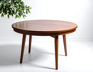 Round wooden dining table against white background