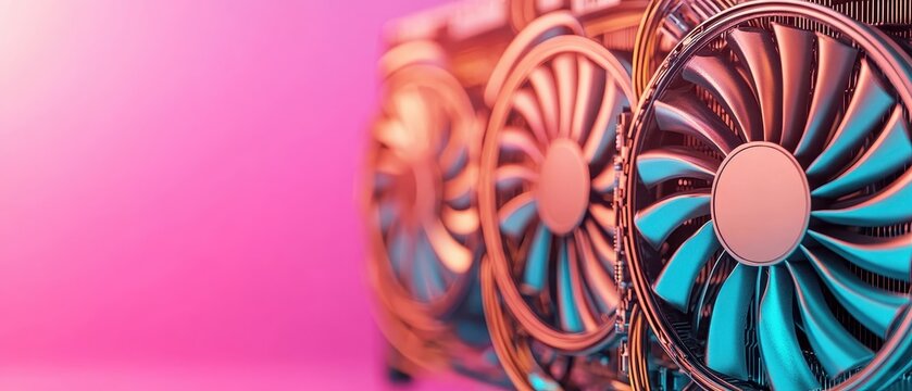 Multiple cooling fans for computer hardware glowing with pink and blue light, close up detail, technology concept.