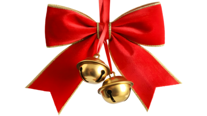A festive red satin ribbon bow with two golden jingle bells hanging down isolated on transparent background