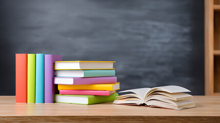 Stack of books on wooden table with blackboard background. Back-to-school, learning, and education concept.
