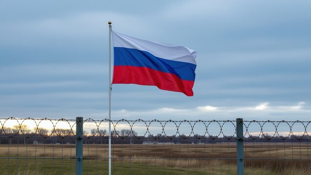 Russian flag behind barbed wire and concrete fence - Powered by Adobe