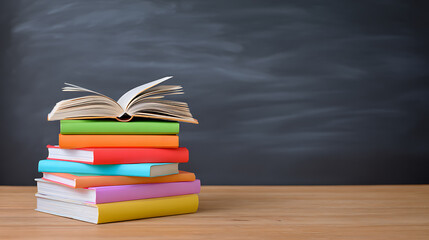 Books on wooden table with blackboard background. Education, learning, and back-to-school concept.