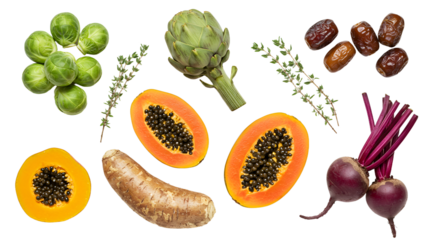 Fresh tropical and root vegetables including papaya, artichoke, brussels sprouts, beets, dates, and yuca for healthy cooking and meal preparation