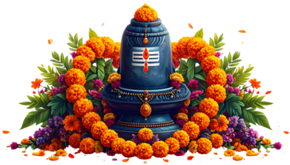  Decorated Shiva Lingam with Floral Offerings, Hindu Worship Symbol, Transparent PNG