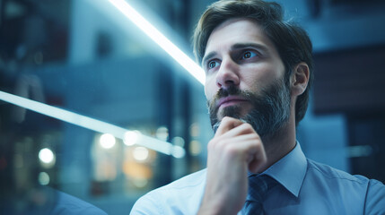 Obraz premium leader. A business professional in a modern office contemplating digital concepts thoughtfully. pitch deck slides, case study pages, designed for brand storytelling and e-commerce strategy. 