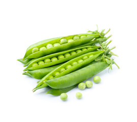 Sweet young green peas on white backgrounds.