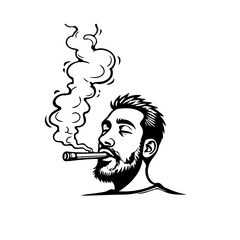 Monochrome illustration depicting a man with a beard enjoying a cigar with rising smoke rings
