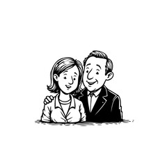 Monochrome illustration showcases a loving couple embracing featuring a man in suit and woman in