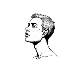 Monochrome portrait of a young man with textured hair gazing hopefully towards the light direction