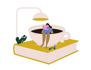 Reading in a Coffee Cup A Whimsical Illustration.