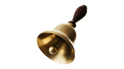 Antique brass hand bell with a dark wooden handle isolated on transparent background