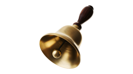 Antique brass hand bell with a dark wooden handle isolated on transparent background