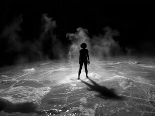 Fototapeta premium Silhouette of woman standing on icy surface with steam in darkness 
