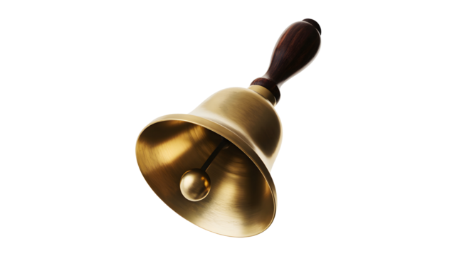 Antique brass hand bell with a dark wooden handle isolated on transparent background