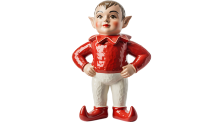 Vintage ceramic elf figurine with pointed ears and red shirt and shoes standing with hands on hips isolated on transparent background