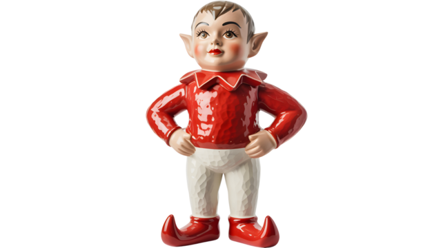 Vintage ceramic elf figurine with pointed ears and red shirt and shoes standing with hands on hips isolated on transparent background - Powered by Adobe