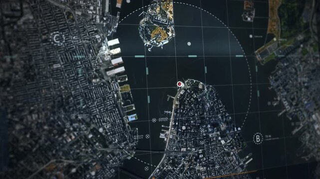 Modern Scanning software investigating the region for pursuit of a criminal. Scanner has detected the position of a criminal for a pursuit. Scanner system using a drone to pursue the wanted criminal.