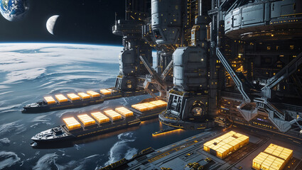 Futuristic Cargo Ship Transporting Asteroid Minerals