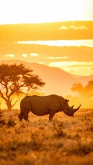 Obraz premium Majestic Rhino Silhouetted Against Vibrant Sunset Landscape