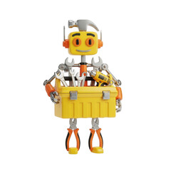 Fototapeta premium 3d adorable cartoon robot holding a yellow toolbox filled with tools transparent background