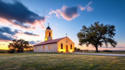 Fototapeta premium Warm lights shine from a rustic mission church at dusk, surrounded by still trees and soft twilight clouds