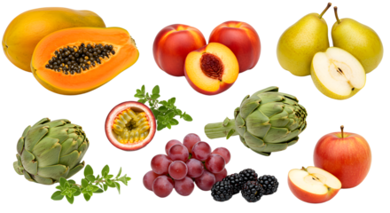 Fresh tropical and temperate fruits collection including papaya, peaches, pears, artichokes, grapes, blackberries, and apple, perfect for healthy eating concepts