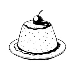 Sketch of delicious pudding dessert with cherry topping and delicate sauce served on ceramic plate