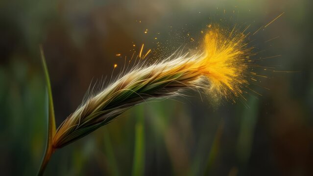 Detailed close-up of a grass seed head exploding in vibrant yellow