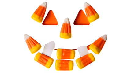 A spooky halloween jack o lantern face made from candy corn arranged on a black surface isolated on transparent background
