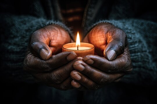 Dark hands hold warm candle flame - Powered by Adobe