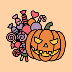 Halloween Pumpkin with Colorful Candy Illustration