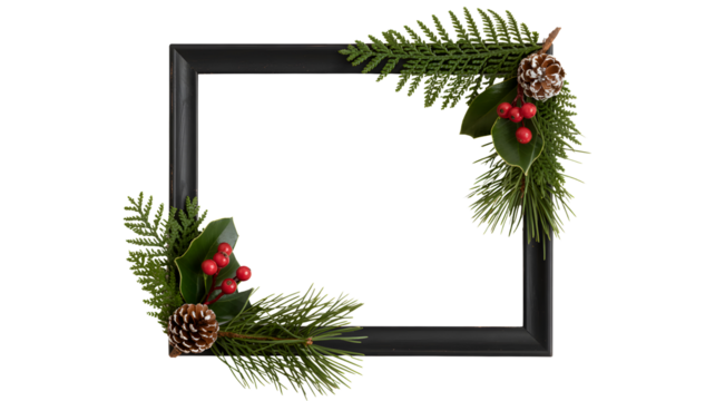 Rustic black square frame decorated with pine needles berries and pine cones isolated on transparent background