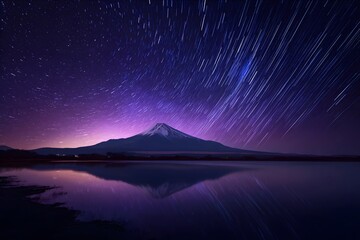 A starry night sky over a mountain reflected in calm water.