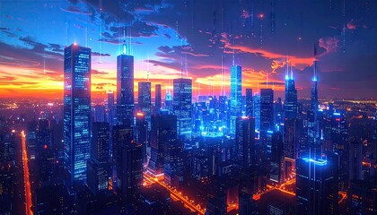 Fototapeta premium Futuristic Cityscape at Sunset with Digital Data Streams