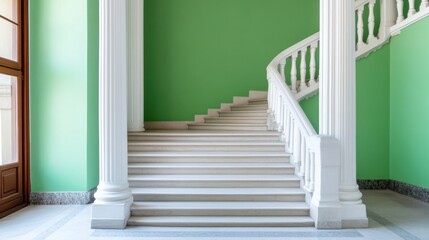 Fototapeta premium White columns frame a central staircase climbing along soft green-painted walls