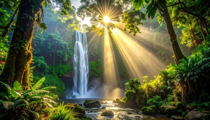 Sunlit Waterfall in Lush Tropical Rainforest