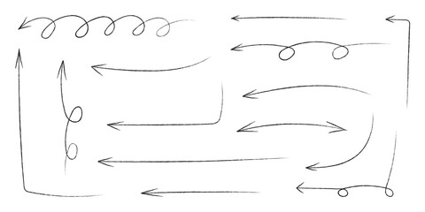 Hand drawn crayon movement arrow collection. Grunge squiggly arrow set. Pencil chalk lines sketch. Black brush scribble element set. Doodle vector illustration.