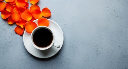 A cup of black coffee on a saucer with vibrant orange rose petals scattered nearby on a textured gray surface