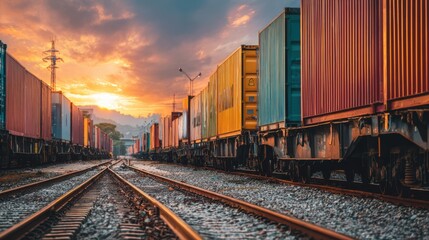 Obraz premium Sunset Over Freight Trains and Colorful Cargo Containers on Railroad Tracks