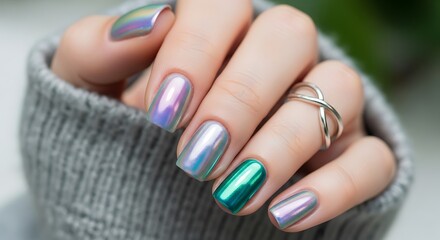 Close up of a woman s hand with metallic holographic nail polish and a ring