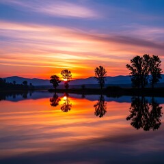 Obraz premium Serene Sunset Reflection - Trees Silhouetted Against a Colorful Sky.