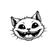 Whimsical feline character with expressive eyes and exaggerated grin offers artistic stylized design